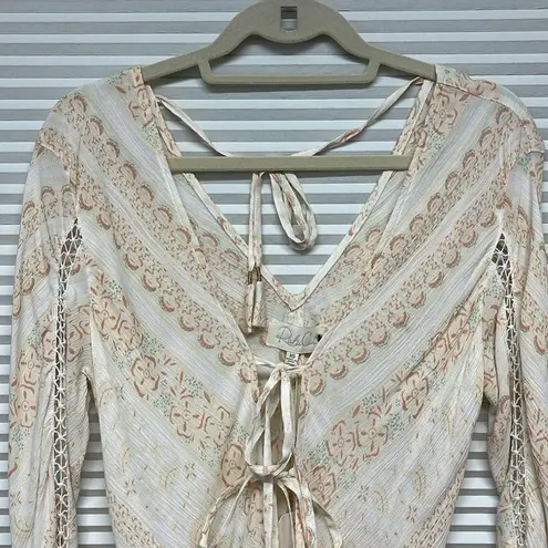 Rahi Cali NWT Peach Floral Print Boho Beach Front Tie Long Sleeve Mini Dress Size XS