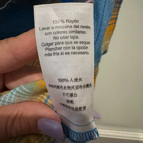 KAVU Women’s Blue and Orange Plaid Sleeveless Shirt Size L Gorpcore Hiking Camp