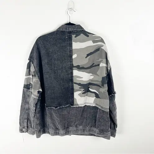 POL  Black Wash Corduroy Camo Jean Mixed Prints Long Sleeves Button Jacket Medium
