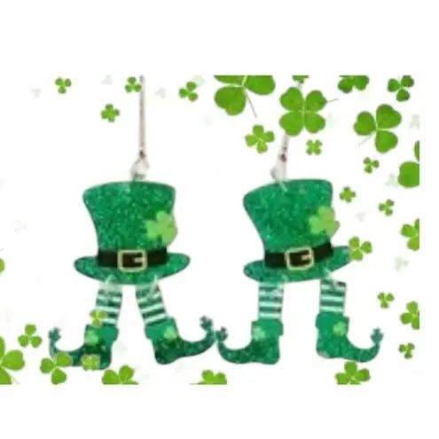 St Patricks Day Earrings Dangling Wiggly Legs Leprechaun Hat Festive Par… Green