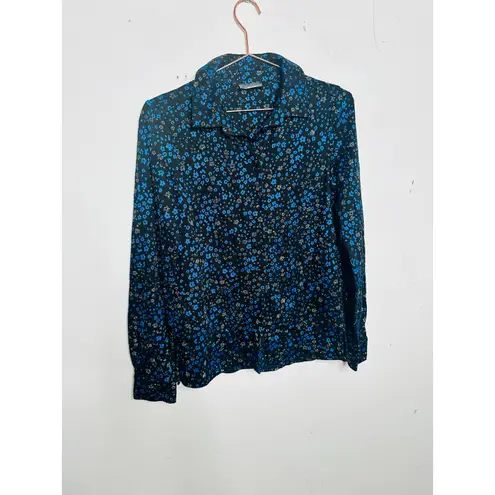STINE GOYA Black Blue Metallic Button Front Floral Lucian Long Sleeve Top sz XS