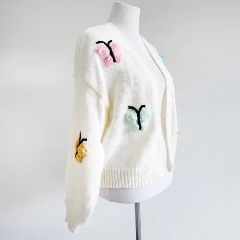 Luna Ivy Butterfly Cardigan Sweater Womens Size XS Cream Crochet Butterflies Pink