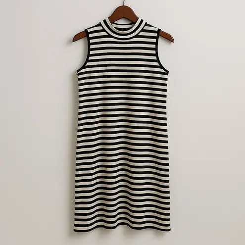 Marimekko Mock Neck Dress Black White Tasaraita Stripe Cotton Sleeveless Small