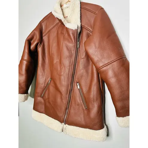 Splendid  Earhart Brown Faux Leather Aviator Collar Jacket Size Extra Small