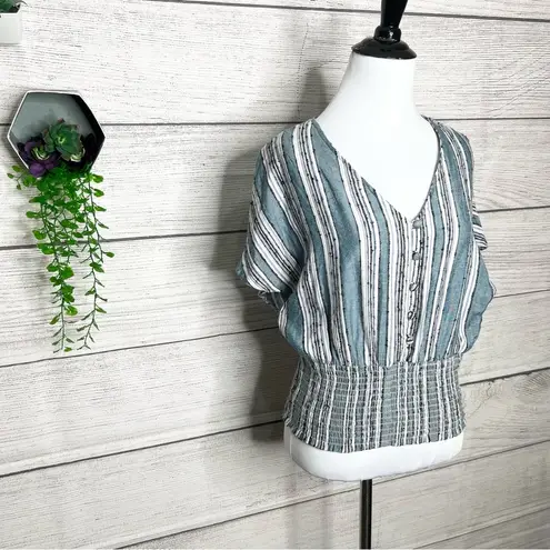 Angie  Blue & White Woven Vertical Stripe Beachy Boho Top Size Medium