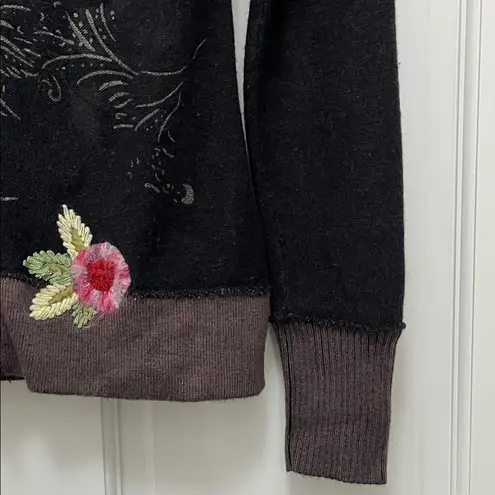 One Girl Who Black Floral Embroidered Full Front Zip Sweater