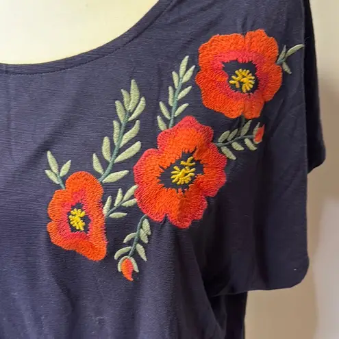 W5 Multicolored Navy Blouse Tie Front Cap Sleeve Embroidered Floral Career