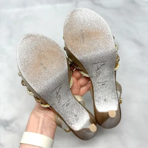 Rene Caovilla Silk Rhinestone Embellished Strappy Slingback Platform Sandal Heel Tan Size 9