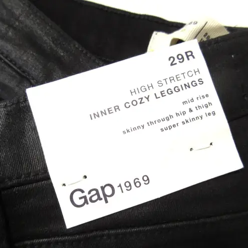 NWT GAP 1969 Inner Cozy Legging in Black Orbit Coated Side Snap Stretch Jeans 29