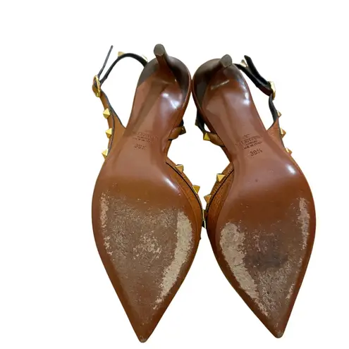 Valentino Garavani Rockstud Slingback Heels Brown Leather Gold Stud Pumps 39.5