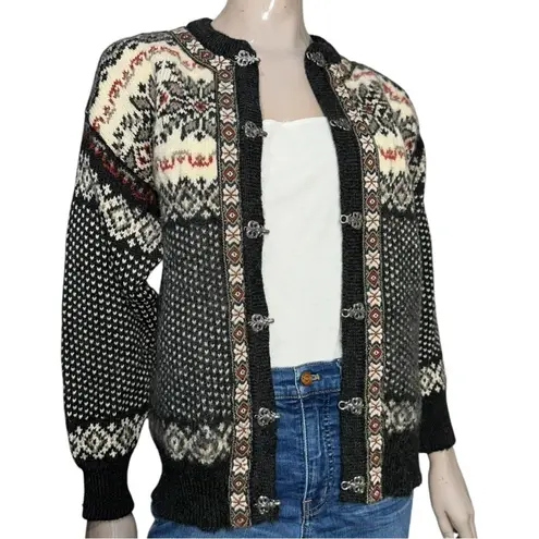 Dale of Norway M Black Red white Classic Fair Isle Wool Knit Clasp Ski Sweater Size M