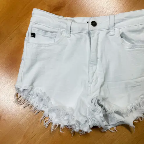 KanCan USA White Distressed Frayed Hem High Waisted Shorts