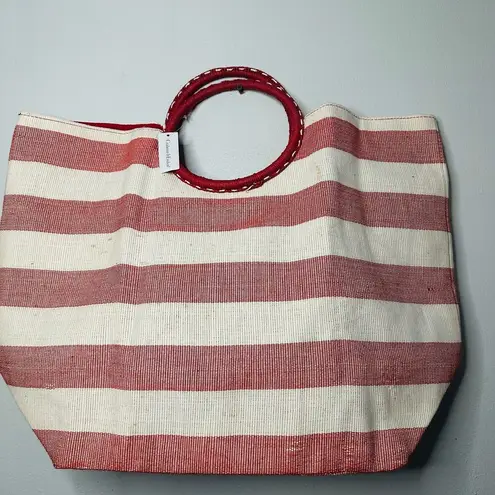 NWT CRABTREE & EVELYN Red White Striped Wrapped Circular Handles Beach Tote