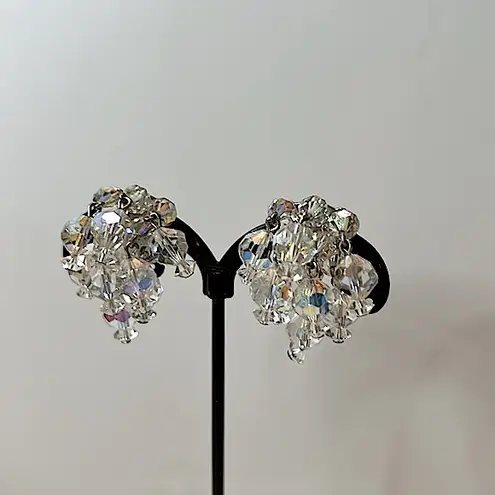 Vintage Laguna clip on earrings faceted clear aurora borealis cascading crystals