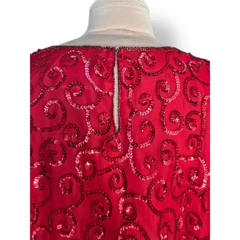 Vintage Joseph LeBon Red Silk Sequin Swirl Beaded Blouse Plus Size 26W Evening