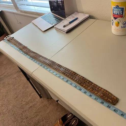 Vintage 90s Western Woven Genuine Leather Silver Buckle Belt Size Medium Brown