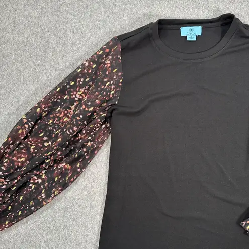 CeCe Sheer Printed Long-Sleeve Black Knit Top Women's Small Crew Neck Metallic
