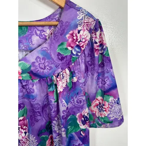 Lounge Vintage Womens 1X Top MuuMuu Shirt Short Sleeve Hawaiian Floral Purple