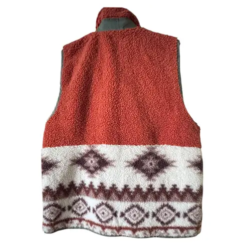 Urban Daizy Sherpa Fleece Vest Aztec Print Orange Green Pockets Full Zip Warm Size L