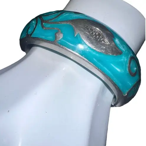 ANDREW HAMILTON CRAWFORD 925 Silver Teal Cuff Botanical Vine Modernist Bracelet Green