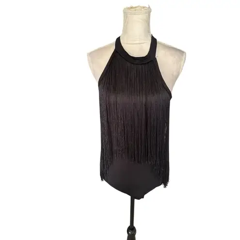Women Sleeveless Halter Fringe Sexy Body Suit Goth Stretchy Sexy Western NWT L Black Size L