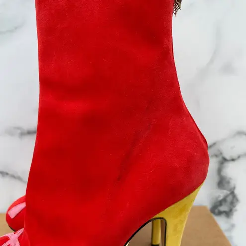 Charlotte Olympia Bella red yellow green suede colorblock mid-calf boots size 35