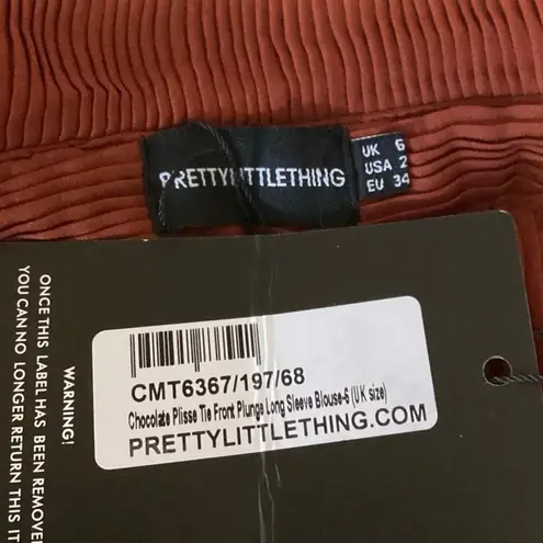 Pretty Little Thing NEW  Brown V Neck Long Sleeve Plisse Wrap Blouse Shirt Top Sz 2