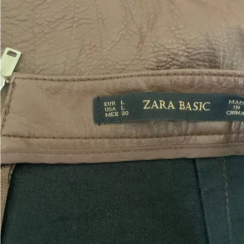 ZARA Skirt Women L Brown A-line Exposed Back Zipper Faux Leather Mini Lined