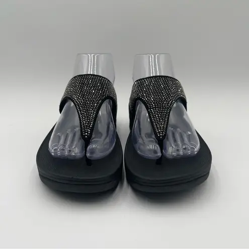 FitFlop Women’s Sz 7 Lulu Shimmer Black Rhinestone Sandals Comfortcore Glam Chic