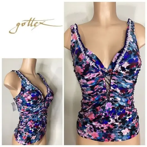 Gottex New. Profile by  pink and blue floral lace front tankini top. 34D. S/M. Re