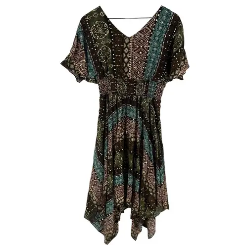 Rabbit Rabbit Rabbit Tribal Boho Printed Chiffon Batwing Asymmetrical Hem Dress Brown Size 8