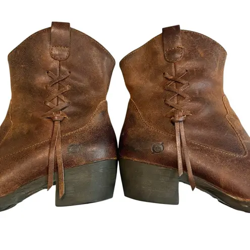 Born Karin Brown Distressed Leather Side Lace Western Ankle Boots, Sz 9
