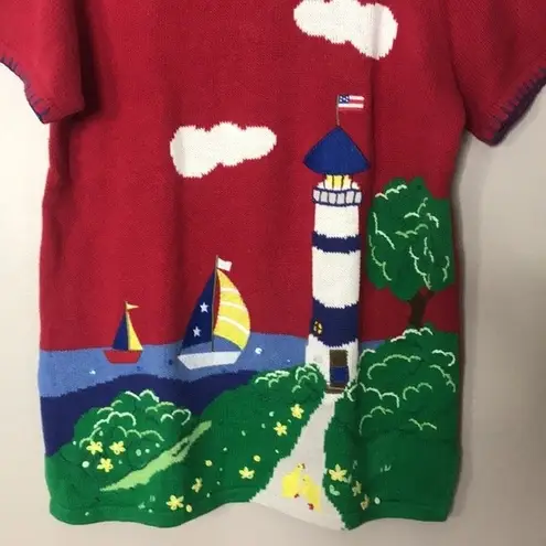 VTG Quaker factory nautical sailboat lighthouse embroidered pullover sweater Red Size M