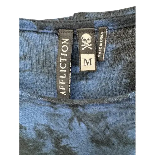 Affliction Blue Black Tie Dye Ruched Drawstring Asymmetrical Tee Dress M