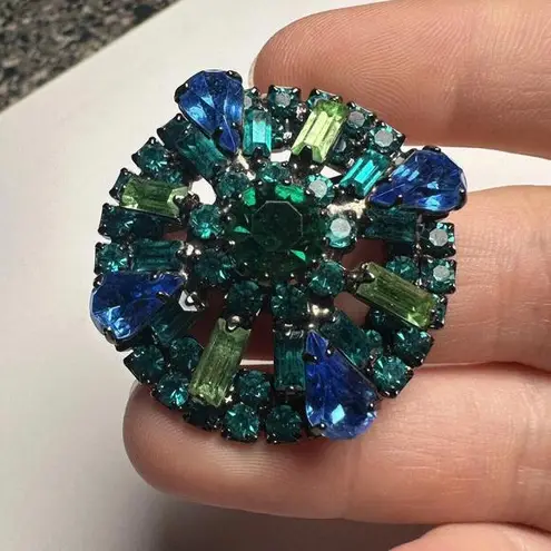 Prong Set Rhinestone Blue & Green Gunmetal Tone Round Brooch Pin