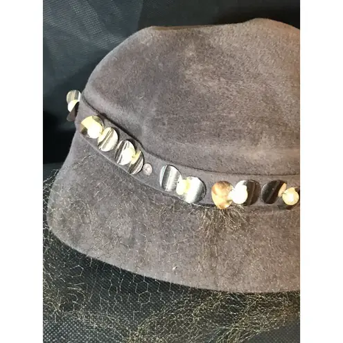 Vintage Genuine Velour Gray Hat with Veil & Beaded Trim Size 22