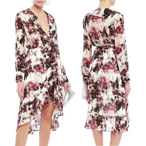 IRO Garden Floral Ruffle Surplice Neck Midi Wrap Dress Red/White Women 38 / US 6
