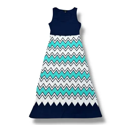 5th & Love Chevron Stripe Sleeveless Maxi Dress Sundress Blue Teal XL