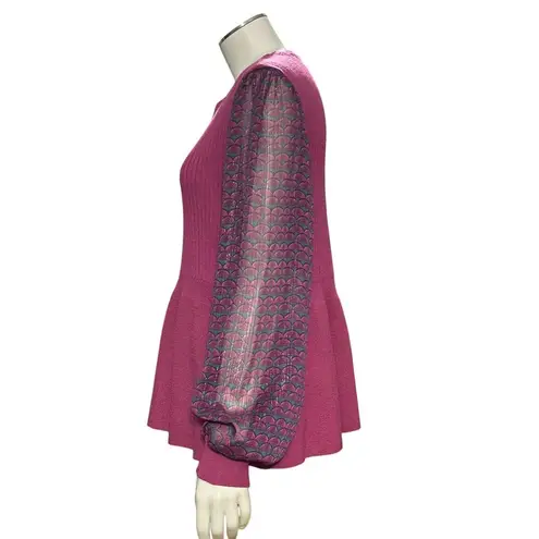 89th Madison NWT Medium Sheer Magenta Haze Knit Peplum Top Mesh Balloon Sleeves Purple