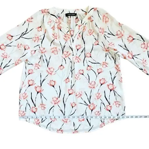 Ivanka Trump Sheer Floral White & Pink Long Sleeve V-Neck Flowy Blouse Sz Small