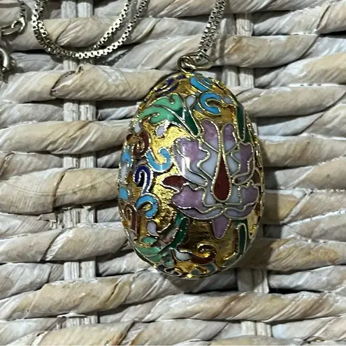 GOLD FLLD CHINESE CLOISONNÉ ENAMEL EGG FLWR PENDANT 925 CHAIN NECKLACE Italy VTG