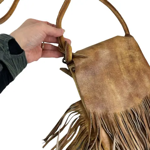 Monserat Lucca Fringe Flap Shoulder Crossbody Bag Leather Taupe Brown Bohemian