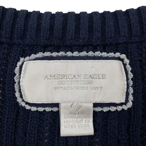 Vtg American Eagle Sweater Womens L Blue V Neck Cable Knit Fitted Bella Swan Y2K Size L