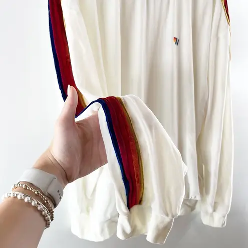 Aviator Nation Crewneck Stripe Velvet Velour Pullover Sweatshirt White Large