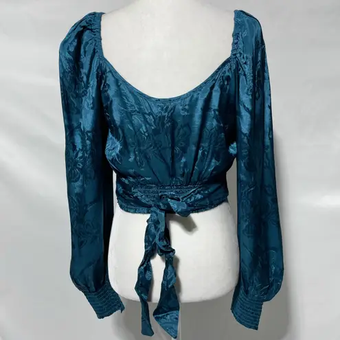 Band Of The Free New Floral Faux Wrap Long Sleeve Crop Top Deep Teal Size Medium