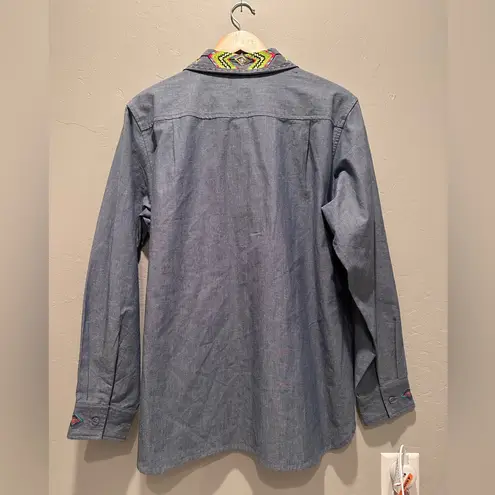 Vintage Storybook Chambray Blue Button Up Shirt Aztec Native American Bead Large