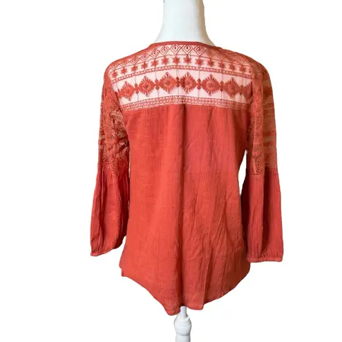 Garnet Hill Rust Orange Lace Shoulder Poet Blouse Size 2 Boho Bohemian Peasant