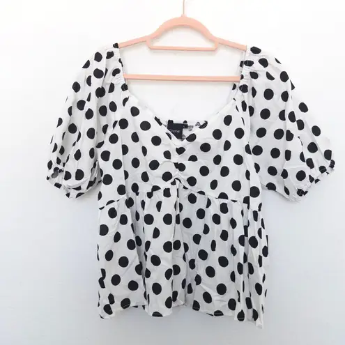 Cliché Womens Top Sz L White Black Polka Dot Puff Sleeve Babydoll Cottage Retro Size L