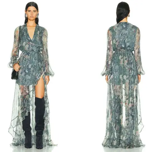 Caroline Constas Silk Vivan Floral Ruffled Georgette Maxi Gown Dress Slate Ombre Green Size XS