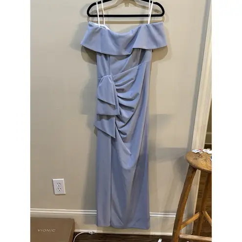 XScape NWT Camila Long Off The Shoulder Scuba Crepe Dress Ruched Blue Size 14